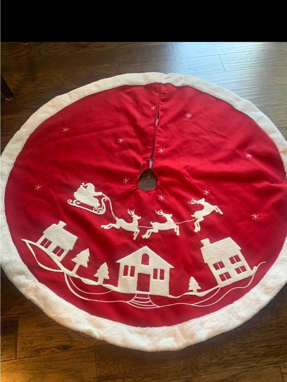 Red Santa Sleigh Tree Skirt with White Trim